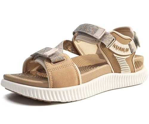 Image of KuaiLu Womens Walking Sandals Comfort Plantar Fasciitis Arch Support Orthopedic Recovery Sport Outdoor Hiking Athletic Cushion Water Camping Shoes Adjustable Strap Beige White Size 5