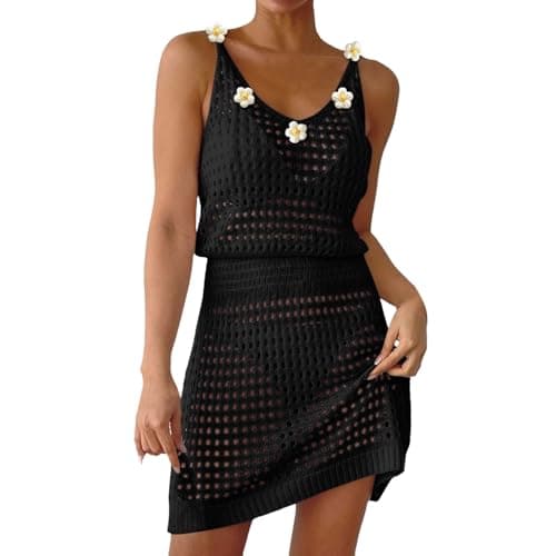 Image of Ladies Swimming Costumes Crochet Hollow Out Beach Cover Up with Knit Flower Design Elegant Spaghetti Strap Sarong Solid V-Neck Swimming Beach Dress for Tropical Holiday Retreats Black