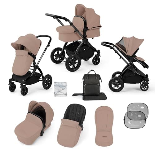 Image of Ickle Bubba Stomp Luxe 2-in-1 All-Terrain Pram (Black Chassis, Desert/Black) - Birth to Approx. 4 Years, Includes Rain Cover, Footmuff, Apron & Sunshade, Foldable with Puncture-Proof Wheels