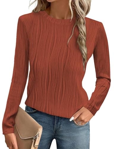 Image of Gemulate Slimming Spring Autumn Top Basic Tshirts Shirts for Women Womens Fall Knit Clothes Elegant Long Sleeve Tops Plain Shirt Women Orange L