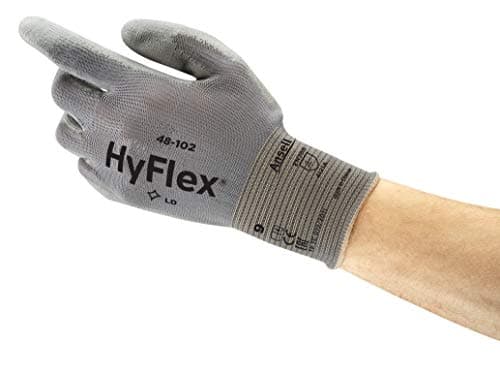 Image of Ansell HyFlex 48-102 Thin Work Gloves, Stretch Fit Nylon Liner with Flexible PU Coating, Lightweight Safety Gloves for Precision Handling, DIY and Mechanics, Grey, Size M (12 Pairs)