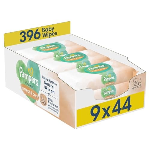 Image of Pampers Harmonie Protect & Care Baby Wipes Plastic Free 9 Packs of 44 Wipes = 396 Baby Wet Wipes, Help restore natural skin pH