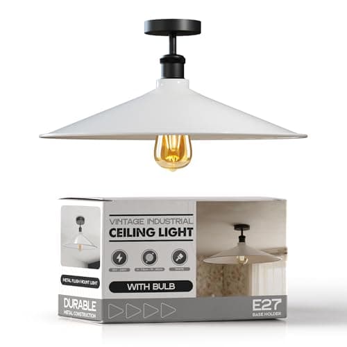 Image of LEDSone Semi Flush Mount Ceiling Lights E27 Base Industrial 40cm White Lampshade Easy Fit Anti Rust Durable Metal LED Ceiling Lamp Chandeliers for Living Room Kitchen Farmhouse Hallway EPC A+ Bulb