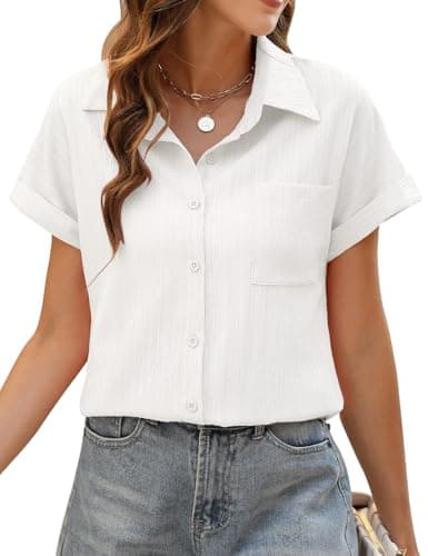 Image of PASUDA Womens Blouse Summer Tops Short Sleeve White Blouse Button Down Tee Shirts V Neck Elegant Solid Color Work Casual Ladies Tops Loose Basic Tunic Tops (White, L)