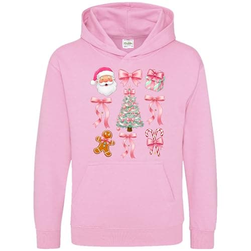 Image of Purple Print House Pink Christmas Icons Girls Hoodie - Festive Bows Hooded Top for Daughter or Niece - Santa Gingerbread Man Candy Cane Design - Xmas Kids Gift, 9-11 Years, Light Pink