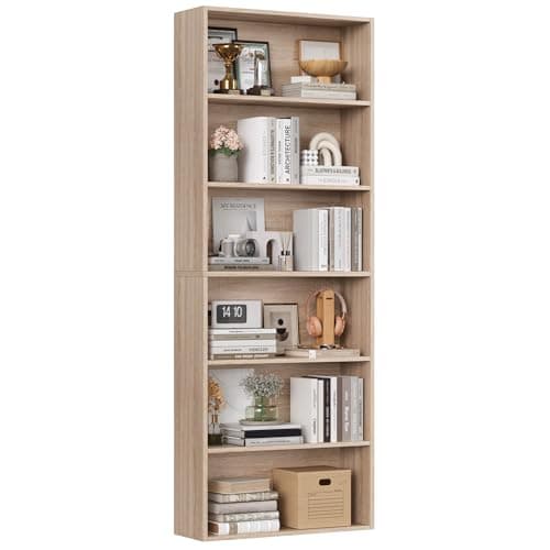 Image of FirFurd Bookcase 6 Tiers Bookshelf Oak Tall Display Shelf Freestanding Wooden Storage Unit for Living Room Bedroom Office 60x23.5x180cm