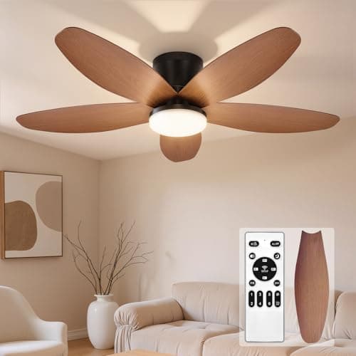 Image of Wopigh Wooden Celling Fan with Light 42" 5 Blades, 6 Speeds and 3 Colors Adjustable Walnut Flush Mount Recessed Ceiling Fan Outdoor- 5 Blade Celling Fan Reversible with Remote Control (Walnutwood)