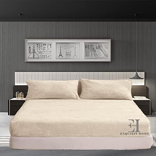 Image of EXQUIZIT HOME® Teddy Fleece Extra Deep Fitted Sheet 30cm – Super Soft Teddy Bear Thermal Fitted Bed Sheet – Warm Cosy Winter Mattress Sheet (Cream Double – 135cm x 190cm)
