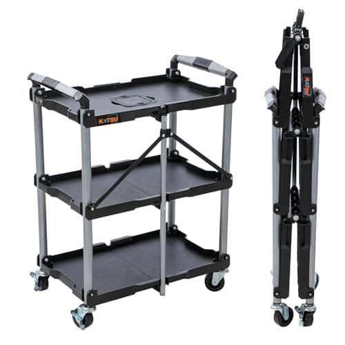 Image of KATSU Tools 3 Tier Service Cart, Foldable, Utility Rolling Tool Trolley, 150 lbs Load, Locking Wheels, Ergonomic Handles, 83 x 36 x 64cm, for Workshop Garage Home Office and More, Black