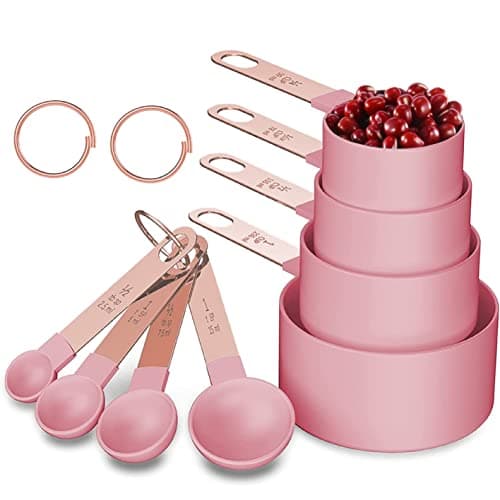 Image of Rose Gold Stainless Steel Handle Measuring Cups and Spoons Set, 8 Piece Stackable Accurate Tablespoon for Measuring Dry and Liquid Ingredients Small Teaspoon with Plastic Head (Pink)
