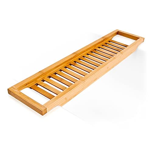 Image of Relaxdays bamboo bath rack, with lattice look, bath bridge for soap or sponges, with holders, natural, H x W x D approx. 4 x 64 x 15 cm