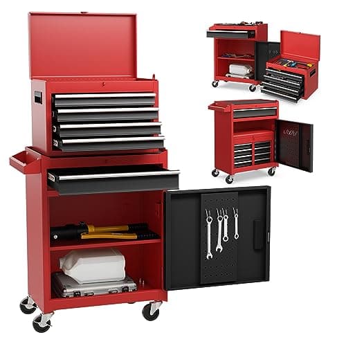 Image of COSTWAY Large Rolling Tool Cabinet, 2-in-1 Detachable Metal Tool Chest with Drawers, Wheels, Handle & Hooks, Lockable Tool Box Trolley for Garage Workshop (5 Drawer with Adjustable Shelf, Red+Black)