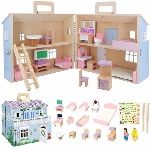 Image of SIMPLIPLAY DIY Portable Wooden Dollhouse, Pretend Play Doll House Set with 4 Rooms, 13 Furnitures, 2 Dolls, 3 Sticker with 2 Styles, 1 Wooden Ladder, Doll House for 3+ Year Old Kids Boys Girls Gift