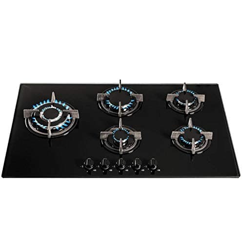 Image of SIA GHG902BL 90cm Black Glass 5 Burner Gas Hob With Cast Iron Pan Stands & Wok Burner | LPG Kit, FFD