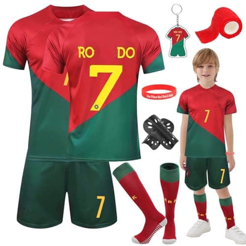 Image of Heartsking Kids Football kit, Home Away Soccer Jerseys Football Kits for Kids Boys Girls, Football Training Shirts Shorts Socks Guard Plate Keychain Bracelets and Bandages, Gifts for Children
