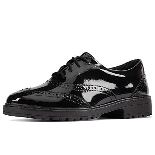 Image of Clarks Loxham Brogue Youth Patent Shoes in Black Patent Size 3.5
