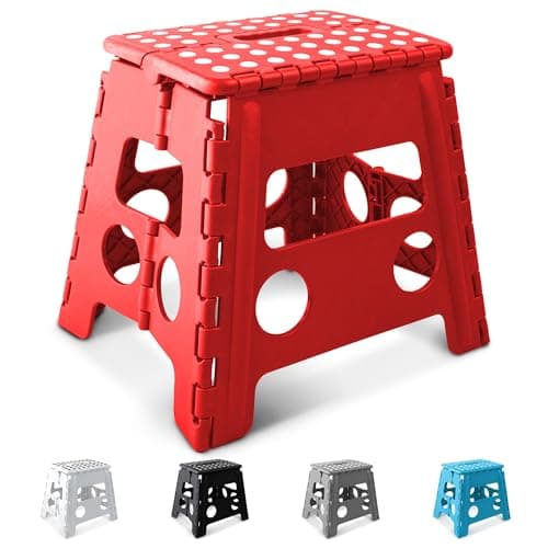 Image of KEPLIN 13 Inch Heavy Duty Folding Step Stool | Non-Slip Foldable Footstool for Toddlers, Children & Adults | Portable, Lightweight Plastic Footstep w/Carrying Handle for Indoor or Outdoor (Red)