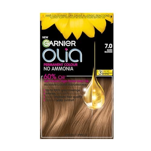 Image of Garnier Olia 7.0 Dark Blonde, oil-powered, no-ammonia. 100% grey coverage. Luminous, long-lasting, vibrant dark blonde hair color with incredible shine and softness.