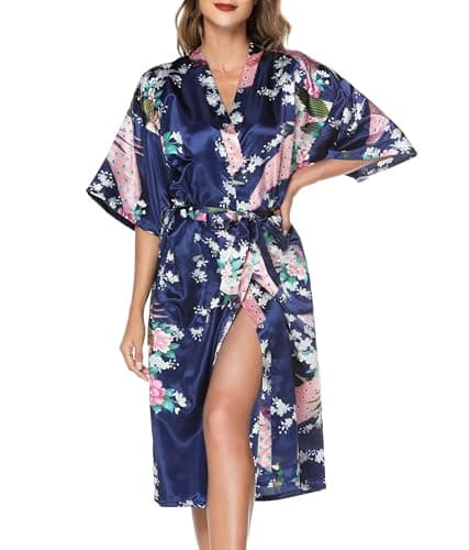 Image of Lovasy Kimono Dressing Gowns Satin Kimono Robe Peacock and Blossoms Silk Dressing Gown for Women UK Long Silk Bride and Bridesmaid Robes,Dark Blue,S