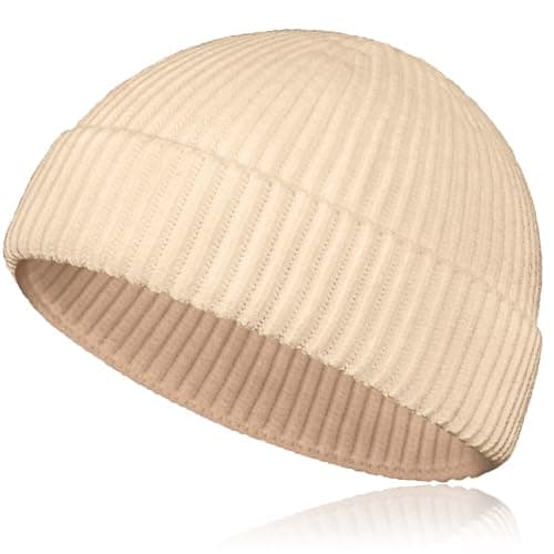 Image of Samserot Wool Short Fisherman Beanie for Men Women, Knit Cuff Trawler Beanie Caps Winter Warm Hats Beige
