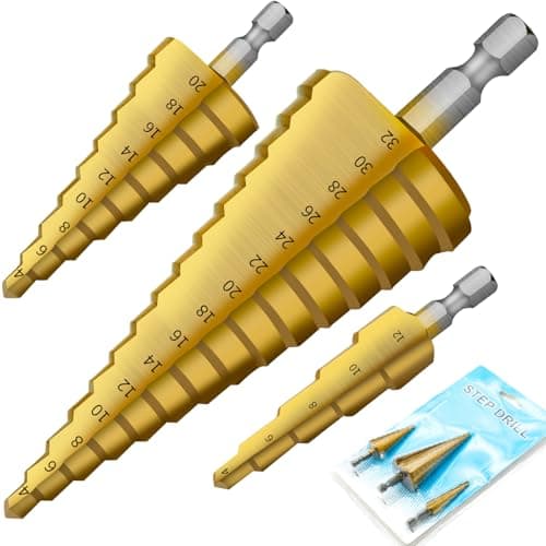 Image of HPMAISON 3pcs HSS Step Bits, High Speed Steel Step Drill Bit Set (4-12mm, 4-20mm, 4-32 mm) Hex Shank Metric, Gold Titanium Straight Grooved Cone Drill Bit Hole Cutter for Wood, Plastic and Sheet Metal