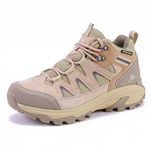 Image of Queday Womens Leather Waterproof Hiking Boots Lightweight Outdoor Walking Shoes Breathable Suede Hike Trekking Trails Camping Climbing Tan Sand Size 39