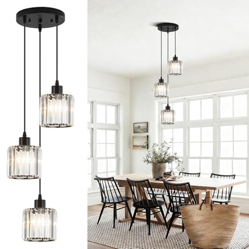 Image of 3 Crystal Pendant Ceiling Light, Modern Black Pendant Light Fittings with Clear Crystal Lampshades, Adjustable Height Hanging Ceiling Lights for Kitchen Dining Room Living Room Hallway Bar, E27 Base
