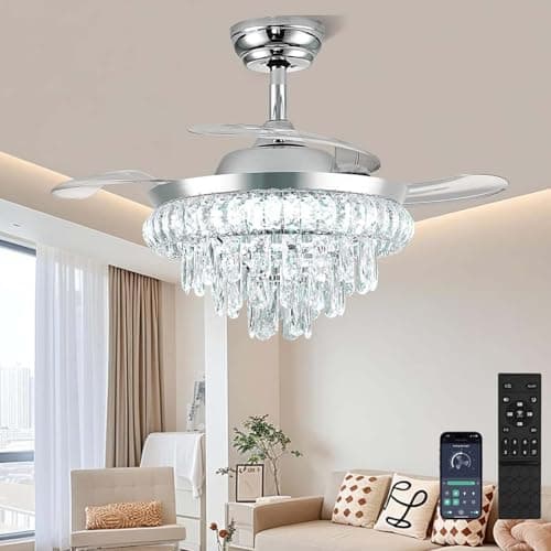 Image of Crystal Ceiling Fans with Lights and Remote Dimmable Chandelier Ceiling Fan with Lamps Bladeless Modern Ceiling Fan for Bedroom Living Room Dining Room with 3 Color Change Reversible and 6 Speeds