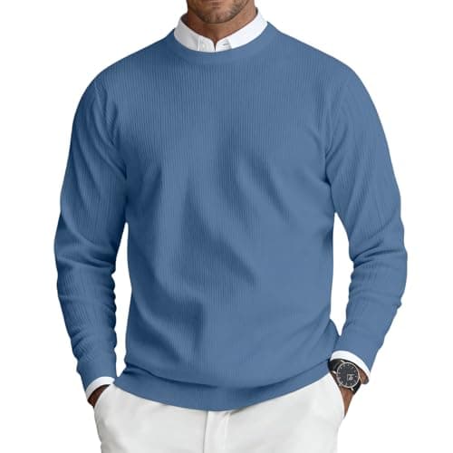 Image of Mens Jumper Sweaters Crew Neck Jumpers Knitted Pullover Men Soft Sweater Lightweight Classic Jumperss Long Sleeve Sweatshirts 01-Blue 3XL