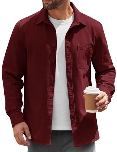 Image of COOFANDY Mens Lightweight Button Down Shirt Jacket Casual Shacket Overshirt, Wine Red, Large