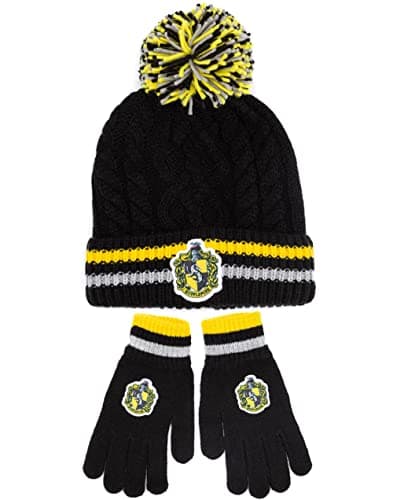 Image of Harry Potter Hat and Gloves Set Adults | Mens Womens Gryffindor Ravenclaw OR Slytherin Hufflepuff House Options Knitted Pom Pom Beanie | One Size Winter Hat