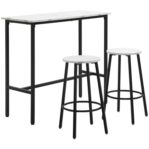 Image of HOMCOM 3 Piece Bar Table Set, Modern Dining Table Set for 2 with Stools, Steel Frame, Footrest for Kitchen, Living Room, Small Space, White