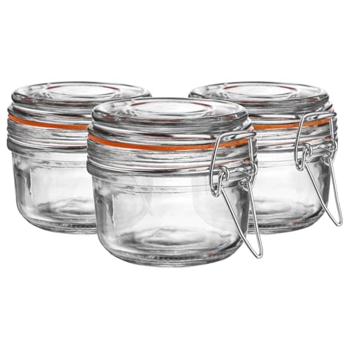 Image of Argon Tableware Glass Spice Jars with Airtight Metal Clip Lid - 125ml/4.2oz - 6 Pack - 4 Colour Seals - Small Kitchen Storage Container Round Preserving Jar for Spice, Seasoning