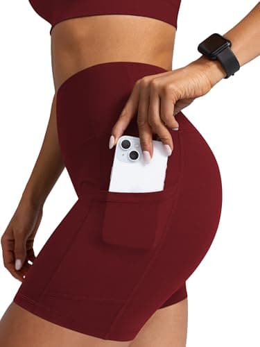 Image of AENLLEY Womens Shorts High Waisted Cycling Shorts with Side Pockets Gym Running Burgundy
