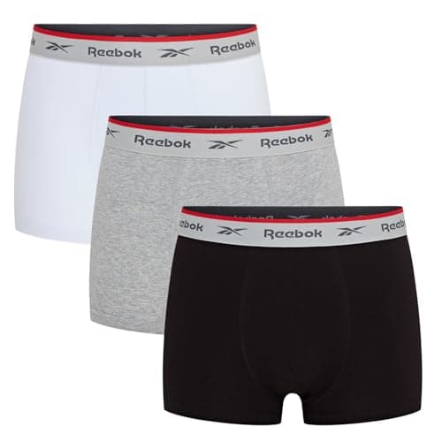 Image of Reebok Ovett Boxers for Men | Pack of 3 Mens Trunks, Breathable & Stretchable Underwear for Men | Multipack Cotton Boxer Shorts, Black, Grey Marl, White, M