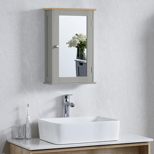 Image of Bath Vida Priano Bathroom Cabinet Single Mirrored Door Wall Mounted, Grey & Oak