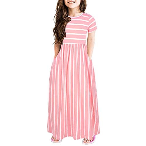 Image of Girl's Short Sleeve Striped Print Loose Casual Long Maxi Dress with Pockets Summer Fit and Flare Party Dress Outfit Striped Short Dress Skirt for Girls (Pink, 9-10 Years)