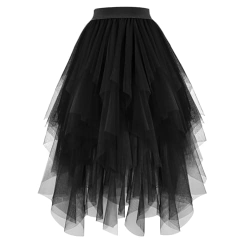 Image of JASGOOD Women's Tulle Skirt High Low Layered Irregular Ladies Elastic Waist A-Line Midi Ballet Skirt for Prom Party Daily, Black, M
