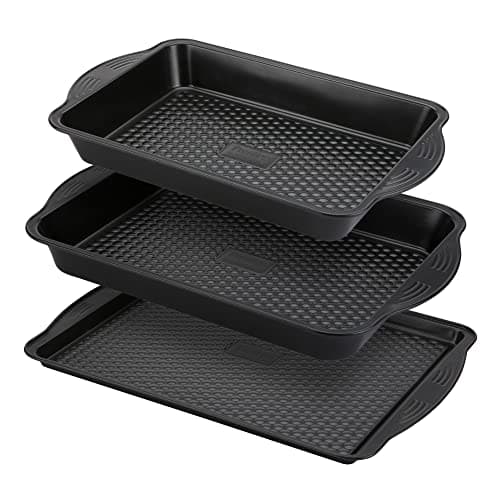 Image of PRESTIGE Aerolift Baking Trays for Oven Non Stick Set of 3 - Dishwasher Safe Oven Trays Set with Extra Large Handles, Durable Carbon Steel Roasting Tins with 5 Year Guarantee, Black, 3 Piece Set
