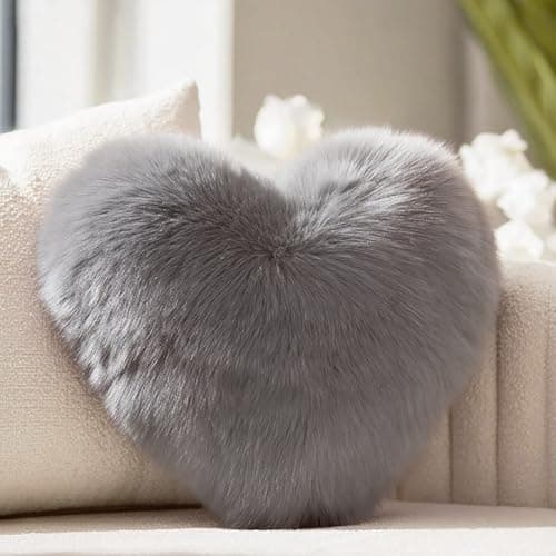 Image of Wucidici Grey Heart Pillow, Faux Fox Fur Heart Decorative Pillows, Heart Shaped Throw Pillow for Bed, Soft Fluffy Decorative Cushion for Chair Sofa Living Room - Plush Pillow Home Decor