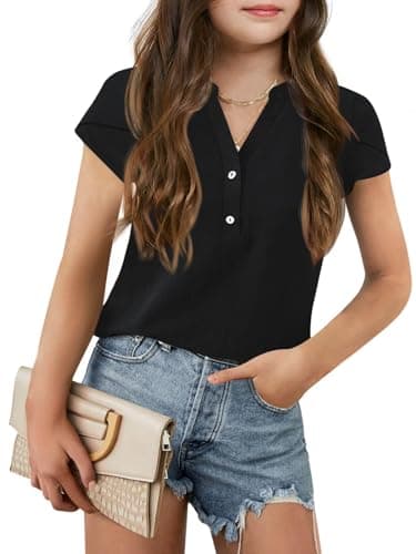 Image of Haloumoning Girls' Blouses Short Sleeve Summer V-Neck Fashion Leisure Plain T-Shirt for Children Tops Shirts, Black, 11-12 Years
