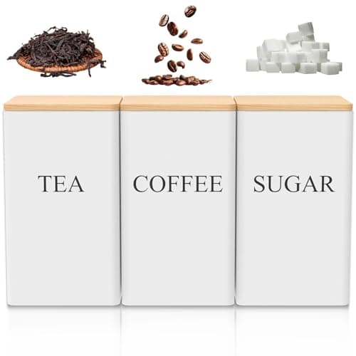 Image of 3 Pcs Tea & Coffee Canisters Set 1000ml Metal Sugar Container with Airtight Bamboo Lid Kitchen Storage Tin Caddy for Your Favorite Beverages (White)