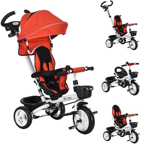 Image of HOMCOM 6 in 1 Baby Trike for 1-5 Years, Toddler Tricycle Folding Bike with Parent Handle, Reversible Seat, Storage Basket, Canopy, 5-point Seat Harness, Red