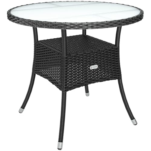 Image of CASARIA® Round Coffee Table | Garden Table With Frosted Safety Glass Plate | Poly Rattan Outdoor Side Table | Weatherproof Patio Furniture | Balcony Bistro Cafe | 80cm | Black