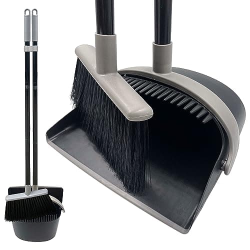 Image of Long Handled Dustpan and Brush Set – Broom and Dustpan Set Reduce Bending Tall Lobby Dustpan and Sweeping Brush (Black & Grey)