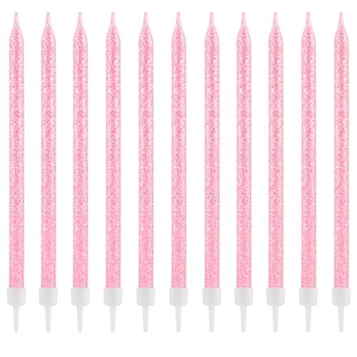 Image of Zi Lan 24-Count Glitter Long Thin Birthday Candles, Pink Long Stick Cake Toppers Set for Birthday Party Wedding Anniversary Decorations Supplies