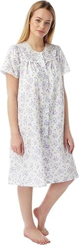 Image of iTRONiK Ladies Pink or Blue or Purple Floral Poly Cotton button through Nightdress Nightie Size 10-32 Plus Size (Lilac, 28-30)