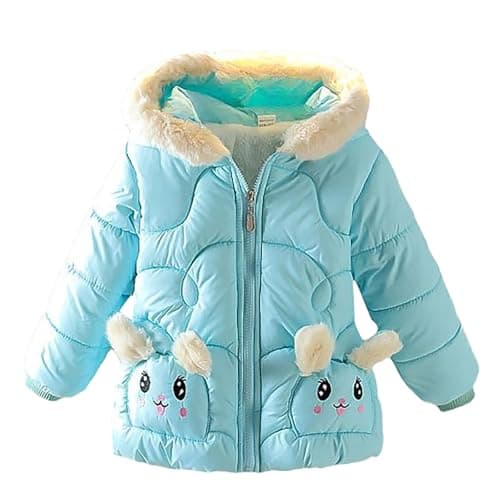 Image of Generic Girl's Toddler Winter Coat - Blue, Cartoon Pattern, Faux Fur Hooded, Fleece Lined, Zipper Closure, Loose Fit, Quilted, Waterproof, Size 3-4 Years