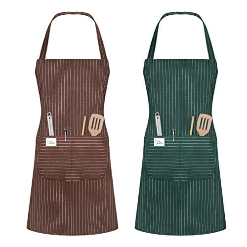 Image of Vicloon Unisex Adjustable Bib Apron, 2 Pcs Apron with 2 Pockets Cooking Kitchen Chef Aprons, Women Men Aprons for Home Kitchen, Restaurant, Coffee house (Brown/Green)