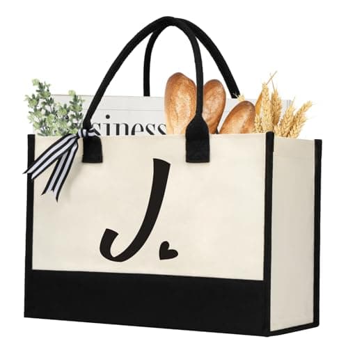 Image of HorHer Initial Canvas Tote Bag, Personalized Beach Jute Bag Present for Women Holiday, Friends Birthday Gift, Beach, Wedding (Letter J)